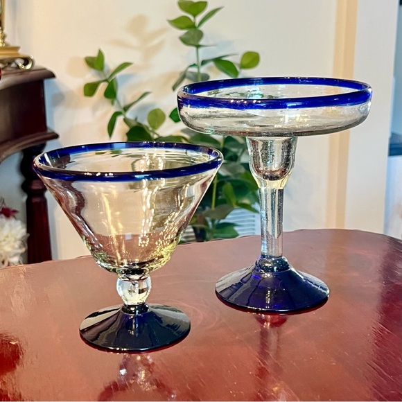 2 Mexican Hand Blown Cocktail Glasses Margarita Martini Blue Rim Recycled Glass - Picture 2 of 12